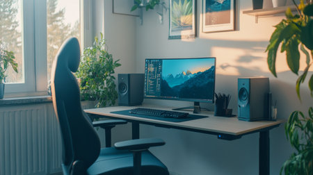 A serene workspace showcasing a desk with a computer monitor, chair, and lush green plants, perfect for inspiring productivity and comfort.の素材
