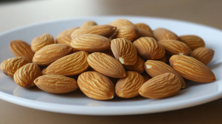 A closeup of fresh almonds arranged on a white plate, showcasing their natural texture and golden-brown color, perfect for healthy snacking or culinary use.の素材