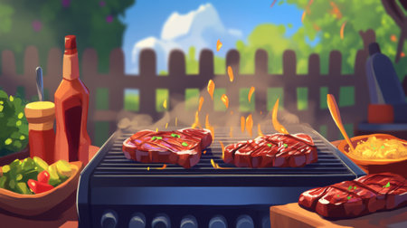Enjoy a vibrant summer scene of grilled steaks sizzling on a barbecue. This image captures a joyful outdoor cooking moment perfect for family gatherings or picnics.の素材
