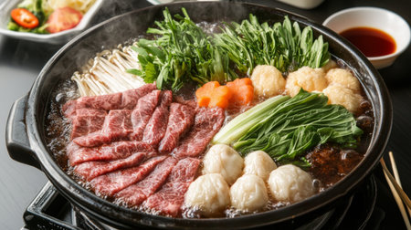 A mouthwatering hot pot featuring slices of meat, fresh vegetables, and savory broth, perfect for communal dining. Enjoy comfort food at its best!の素材