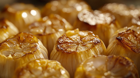 Close-up of beautifully roasted garlic heads, showcasing their golden-brown color and rich texture, perfect for adding flavor to any dish.の素材