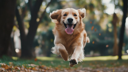 A joyful golden retriever running freely in a lush park. This vibrant scene captures the essence of outdoor fun and companionship, showcasing happiness and energy.の素材