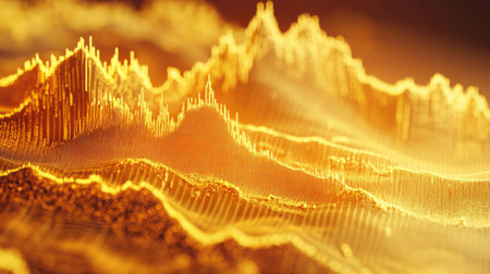 A stunning representation of sound waves in golden hues, showcasing dynamic patterns and energy. Perfect for technology, music, or artistic themes.の素材