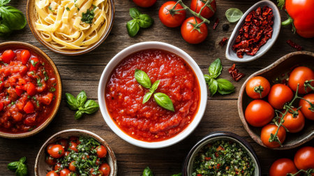 A vibrant array of fresh ingredients highlighting tomatoes, basil, and pasta, perfect for creating delicious Italian dishes in a rustic kitchen setting.の素材