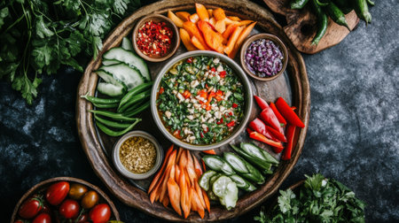 A vibrant collection of fresh vegetables arranged beautifully on a wooden platter. Perfect for healthy meals, cooking, and vibrant presentations.の素材