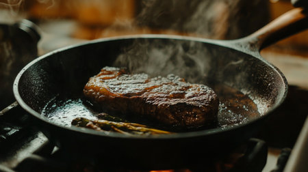 A mouthwatering steak sizzling in a skillet, surrounded by steam and aroma, showcasing the art of cooking. Perfect for culinary and food-related themes.の素材