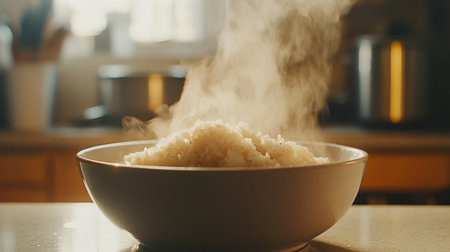 A steaming bowl of freshly cooked rice sits invitingly in a bright kitchen. The warmth and aroma create a comforting atmosphere perfect for any meal.の素材