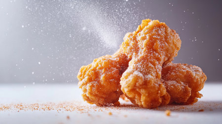 Enjoy a close-up view of crispy fried chicken drumsticks, coated with seasoning and ready to delight your taste buds. Perfect for meals or snacks.の素材
