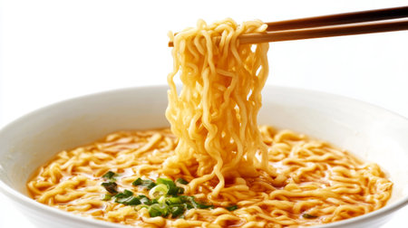 A close-up view of delicious noodles being lifted from a warm bowl of broth, garnished with fresh green onions, perfect for a comforting meal.の素材