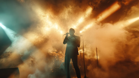 A captivating silhouette of a performer singing amidst dramatic lighting and swirling smoke on stage, creating an electrifying atmosphere at a live event.の素材