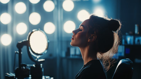 A stunning portrait of a woman bathed in soft lighting, capturing her elegant profile against a backdrop of glowing lights, perfect for beauty and fashion themes.の素材