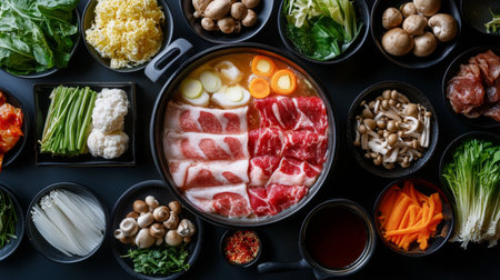 A vibrant arrangement of fresh ingredients for a hot pot meal. Featuring a variety of vegetables, meats, and noodles, this setup showcases colorful elements ideal for a cozy dining experience.の素材