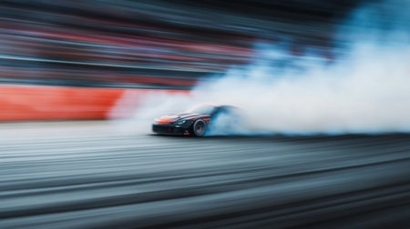 A powerful racing car performs a thrilling drift, creating dramatic smoke clouds on the asphalt. The image captures the essence of speed and adrenaline in motorsport.の素材