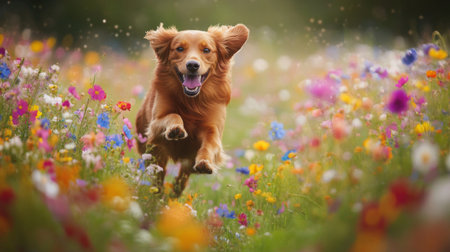 A joyful golden retriever runs freely through a vibrant field of wildflowers, embodying the essence of happiness and nature's beauty. Perfect for pet and nature lovers.の素材