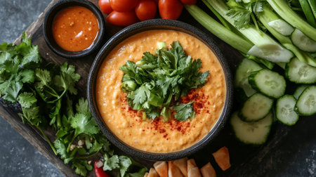 A vibrant vegetable platter featuring a creamy dip and fresh ingredients. Ideal for healthy snacks, parties, or a colorful presentation at gatherings.の素材