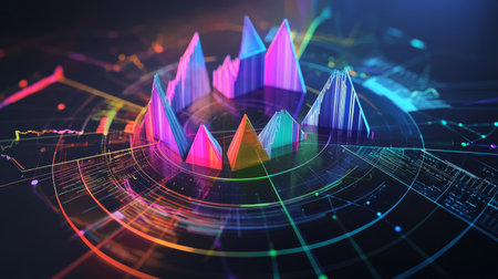 This vibrant 3D data visualization features colorful geometric shapes, showcasing trends and insights in a modern digital environment. Ideal for tech and finance themes.の素材