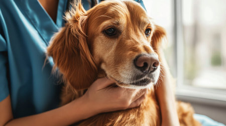 A warm moment shared between a person and a golden retriever. The scene captures the bond of care and affection in a tranquil indoor setting.の素材