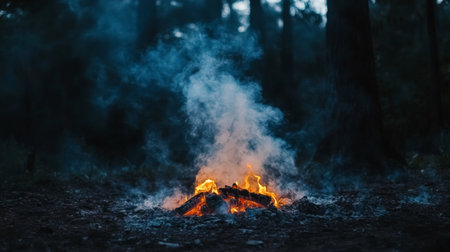 A captivating scene of a glowing fire in a forest at dusk, surrounded by wisps of smoke and the tranquil atmosphere of nature. Ideal for outdoor themes.の素材