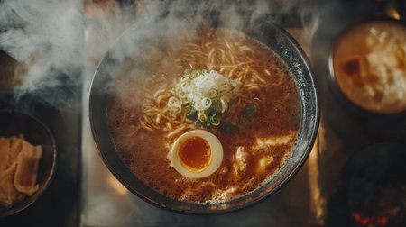 Indulge in a steaming bowl of ramen featuring rich broth, tender noodles, and a perfectly soft boiled egg. Experience the warmth and flavor of this classic dish.の素材
