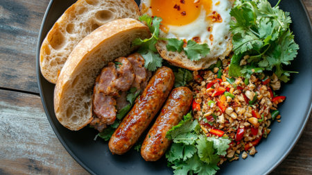 A delicious breakfast plate featuring savory sausages, fried egg, and fresh herbs, beautifully arranged for a nutritious and appetizing start to your day.の素材