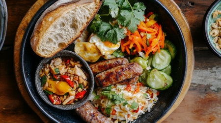 A vibrant bowl of healthy ingredients featuring grilled sausages, fresh vegetables, herbs, and crispy bread, perfect for any meal setting.の素材