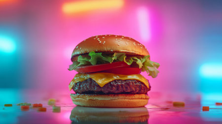 A mouth-watering cheeseburger featuring fresh lettuce, juicy tomato, and a perfect beef patty, set against a colorful neon backdrop for striking food photography.の素材