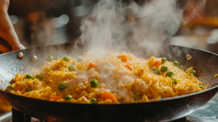 A steaming wok filled with aromatic rice, colorful vegetables, and vibrant steam rising creates a mouthwatering sight for food lovers and culinary enthusiasts.の素材