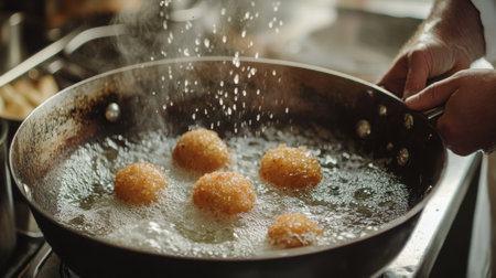 A chef's hands carefully manage frying golden balls in hot oil, creating a crispy texture. The cooking process captures the essence of tantalizing gastronomy.の素材