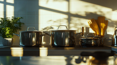 A stylish kitchen scene featuring stainless steel pots casting beautiful shadows in soft evening light. Ideal for themes of cooking and home atmosphere.の素材