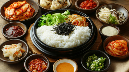 A vibrant array of authentic Korean dishes featuring rice, kimchi, and an assortment of flavorsome sides served in traditional bowls. Perfect for food lovers!の素材