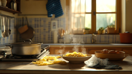 A warm and inviting kitchen scene showcasing a pot of boiling pasta and a plate of freshly served noodles, highlighting home cooking and comfort food.の素材
