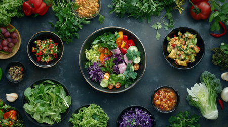 A vibrant arrangement of fresh vegetables and salads showcases healthy eating options. Perfect for cooking, meal prep, or promoting vegetarian cuisine.の素材