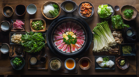 A vibrant assortment of fresh ingredients meticulously arranged for a hot pot meal. Perfect for family gatherings and culinary experiences, this scene highlights the beauty of shared dining.の素材
