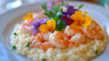 A beautiful presentation of shrimp risotto adorned with vibrant edible flowers, perfect for an upscale dining experience and gourmet presentations.の素材