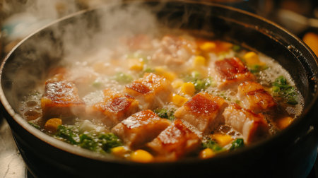 A steaming pot of delicious meat and vegetables showcases the culinary arts. The vibrant colors and textures highlight the comfort of homemade cooking.の素材