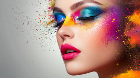 A stunning portrait showcasing vibrant makeup artistry with colorful powder splashes around the model, emphasizing creativity and expression.の素材