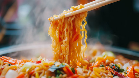 A close-up of steaming noodles being lifted with chopsticks, surrounded by fresh vegetables. This vibrant dish showcases colorful ingredients, perfect for a healthy meal.の素材