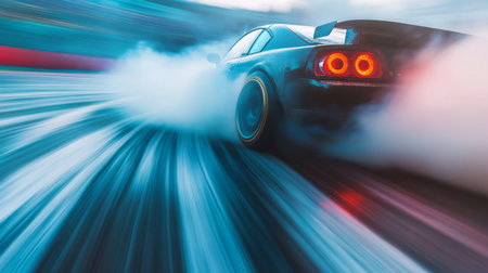 A striking image of a car drifting on a track, releasing smoke as it accelerates. This dynamic scene captures the thrill and power of racing.の素材