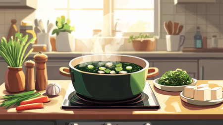 A cozy kitchen scene featuring a pot of steaming vegetable broth with fresh ingredients, showcasing a vibrant and healthy cooking atmosphere.の素材