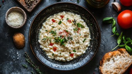 A creamy risotto served in a rustic bowl, topped with fresh herbs and tomatoes. Perfect for showcasing Italian cuisine in a cozy dining setting.の素材