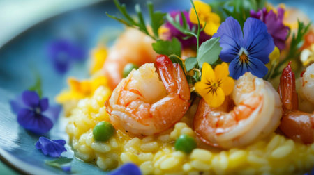 A vibrant shrimp risotto garnished with edible flowers, showcasing a perfect balance of color and flavor. Ideal for gourmet dining and culinary showcases.の素材