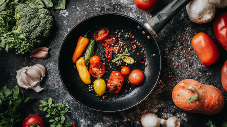 An artistic display of fresh vegetables in a frying pan, showcasing an array of colors and textures perfect for healthy recipes and meal preparation.の素材