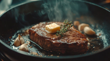 A tantalizing juicy steak sizzles in a hot pan with melted butter and fresh herbs, creating a mouthwatering culinary experience filled with flavor.の素材