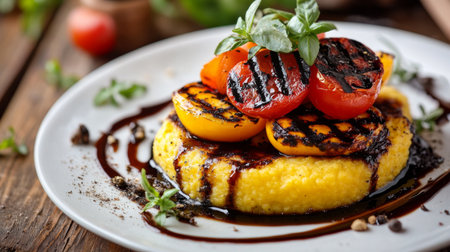 A vibrant dish featuring grilled vegetables atop creamy polenta, drizzled with balsamic glaze, perfect for a healthy summer meal or appetizer.の素材