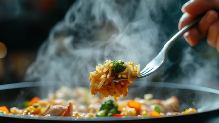 A delicious rice dish served fresh, with colorful vegetables and steam rising, perfect for showcasing meal preparation or dining experiences.の素材