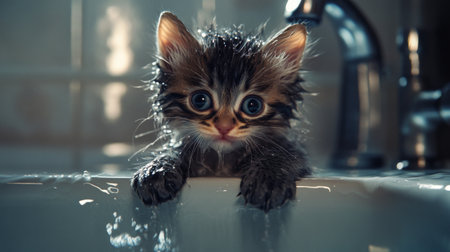 A charming wet kitten looks curiously over the edge of a bathtub, showcasing its fluffy fur and wide eyes. This playful moment captures the innocence and joy of pet care.の素材