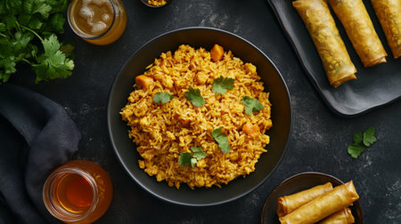 A flavorful bowl of rice garnished with fresh herbs, alongside crispy spring rolls and refreshing drinks, ideal for meal presentations or recipes.の素材