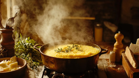 A steaming pot of light yellow food sits on a rustic stove, with herbs sprinkled on top. The warm kitchen atmosphere invites cozy culinary adventures.の素材