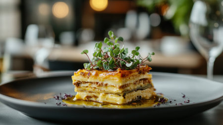 A delicious layered dish beautifully presented on a sleek plate, garnished with fresh microgreens, showcasing culinary artistry and savory flavors.の素材
