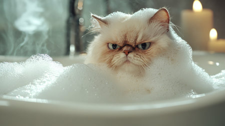 A fluffy cat relaxing in a bubble bath, creating a serene and cozy atmosphere. Perfect image for pet lovers and spa-themed content showcasing pampering moments.の素材